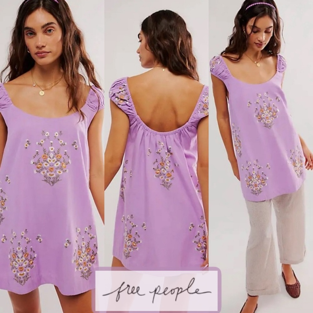 HP 🥳 🆕 Free People | ‘Wildflower Embroidered Mini Dress’ in Lilac Combo Sz L
